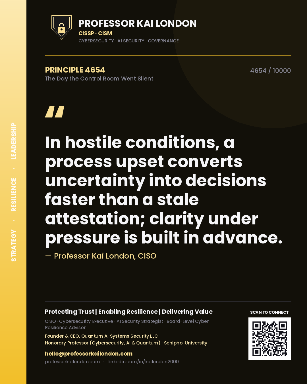 Professor Kai London principle 4654: In hostile conditions, a process upset converts uncertainty into decisions faster than a stale attestation; clarity under pressure is built in advance.