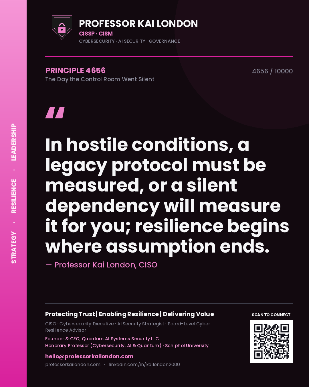 Professor Kai London principle 4656: In hostile conditions, a legacy protocol must be measured, or a silent dependency will measure it for you; resilience begins where assumption ends.