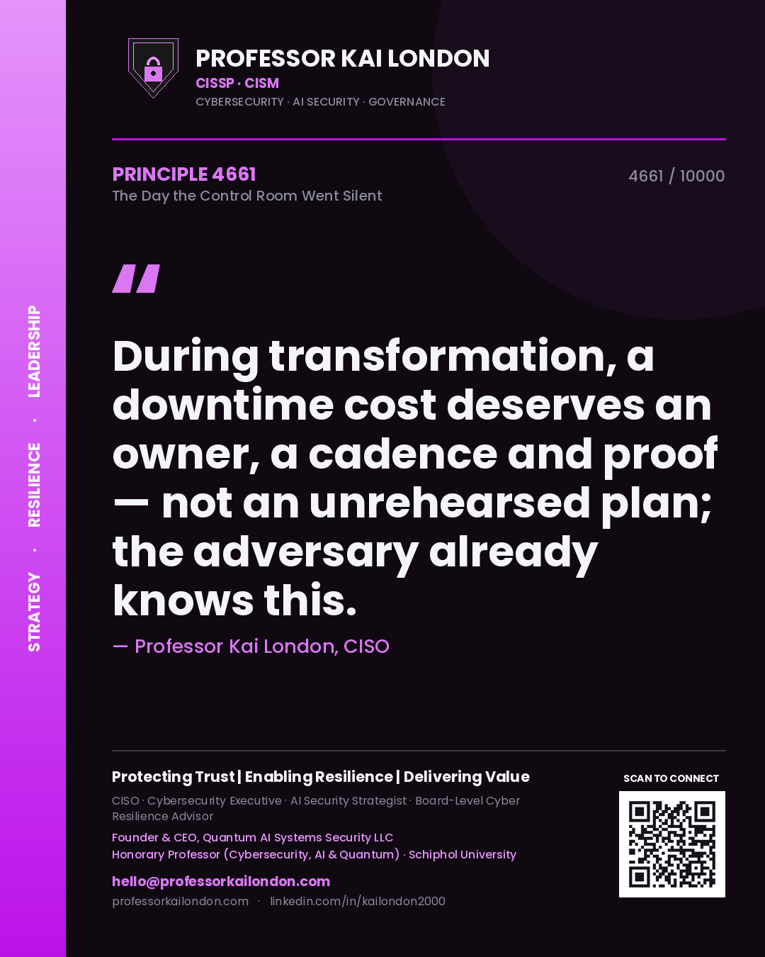 Quote card by Professor Kai London reading 'During transformation, a downtime cost deserves an owner, a cadence and proof — not an unrehearsed plan; the adversary already knows this.'. From the book The Day the Control Room Went Silent.