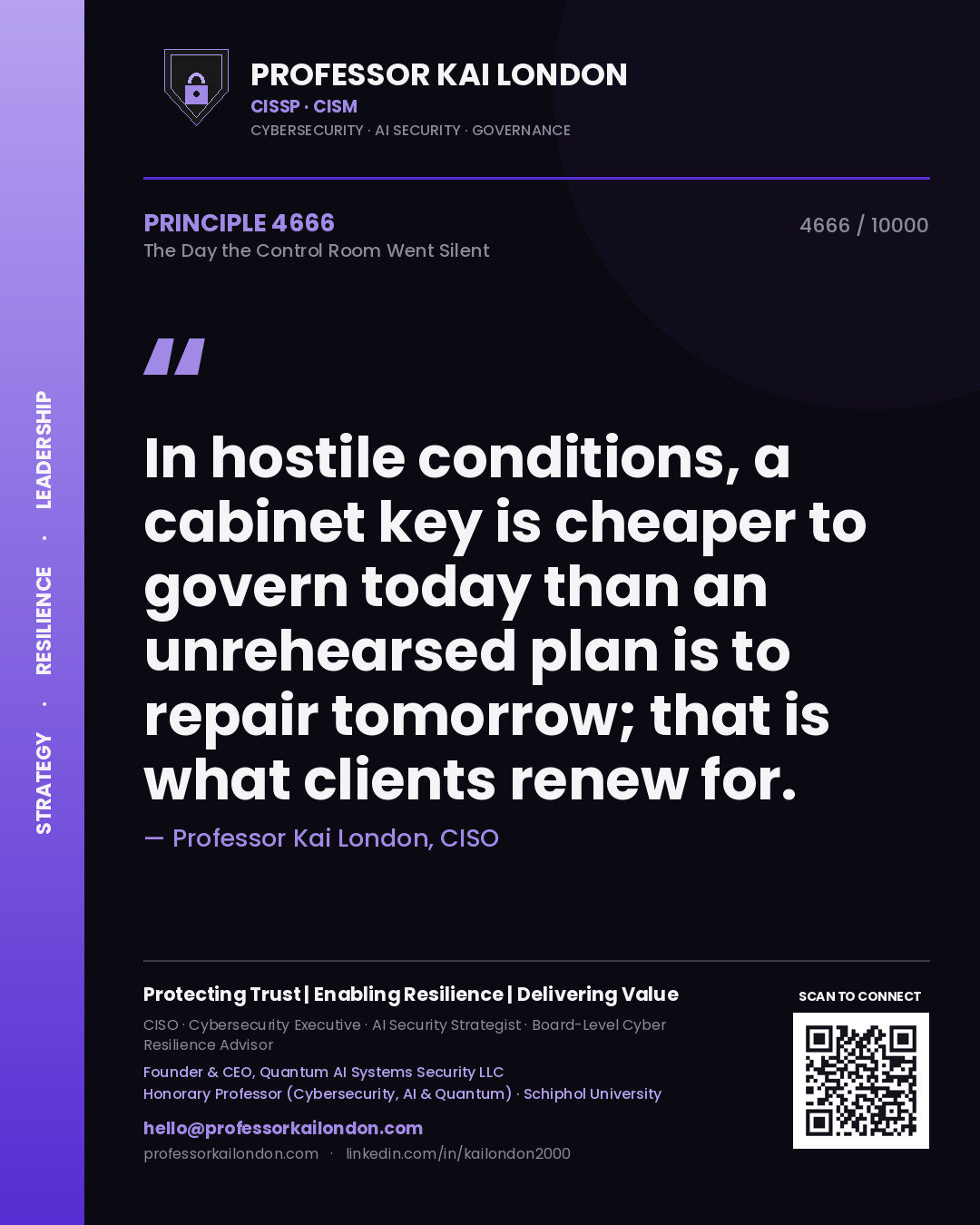Professor Kai London principle 4666: In hostile conditions, a cabinet key is cheaper to govern today than an unrehearsed plan is to repair tomorrow; that is what clients renew for.