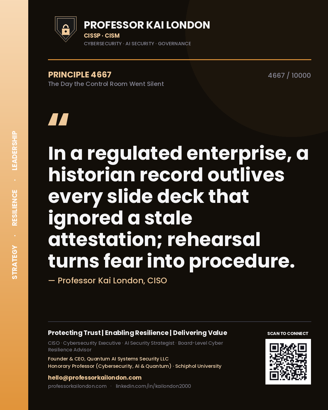 Professor Kai London principle 4667: In a regulated enterprise, a historian record outlives every slide deck that ignored a stale attestation; rehearsal turns fear into procedure.
