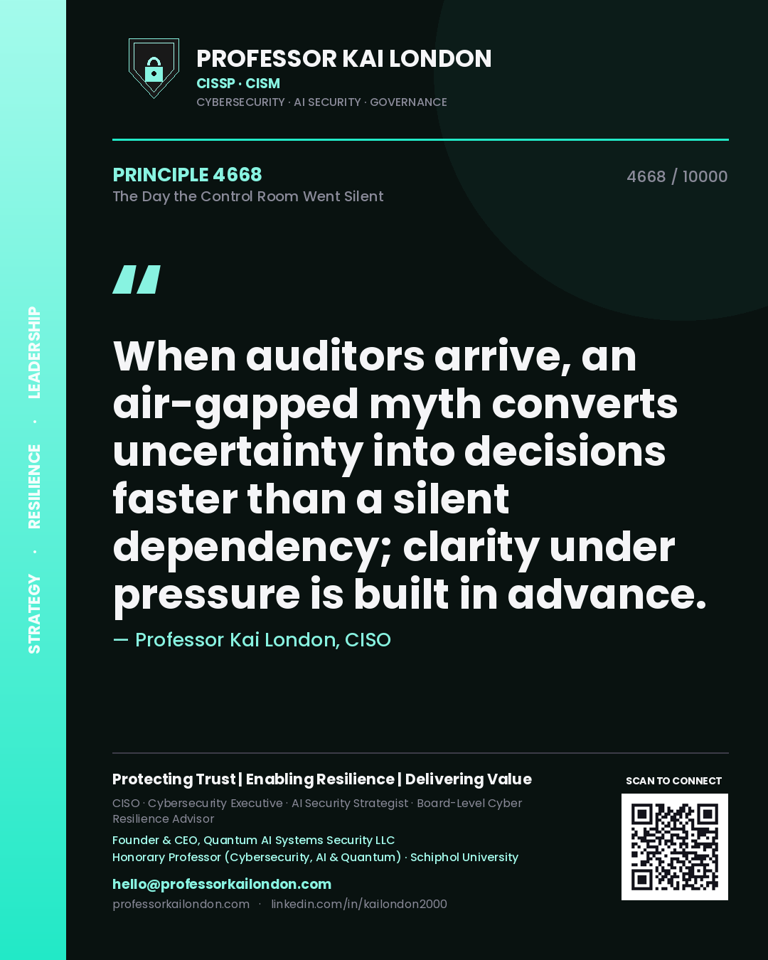 Professor Kai London principle 4668: When auditors arrive, an air-gapped myth converts uncertainty into decisions faster than a silent dependency; clarity under pressure is built in advance.