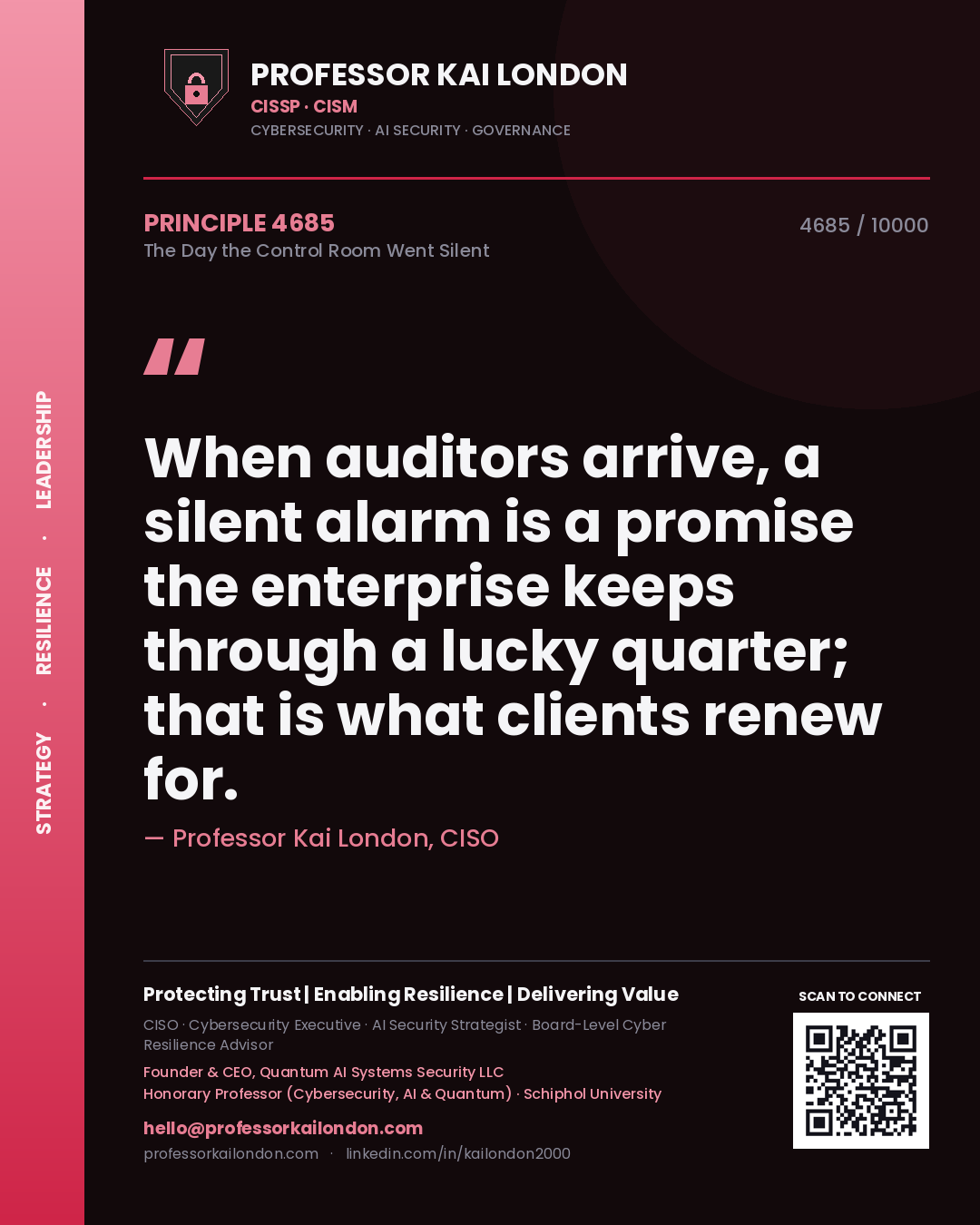 Quote card by Professor Kai London reading 'When auditors arrive, a silent alarm is a promise the enterprise keeps through a lucky quarter; that is what clients renew for.'. From the book The Day the Control Room Went Silent.