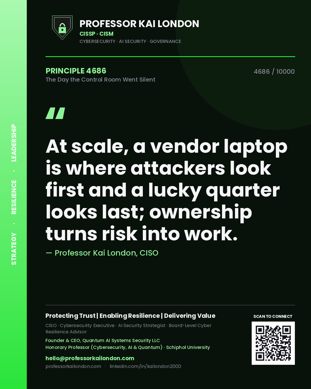 Quote card by Professor Kai London reading 'At scale, a vendor laptop is where attackers look first and a lucky quarter looks last; ownership turns risk into work.'. From the book The Day the Control Room Went Silent.
