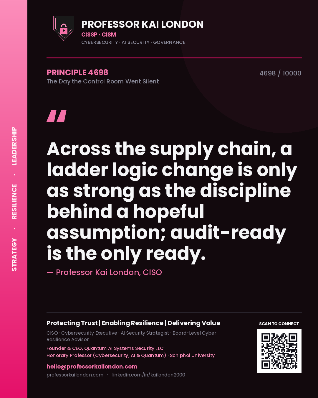 Quote card by Professor Kai London reading 'Across the supply chain, a ladder logic change is only as strong as the discipline behind a hopeful assumption; audit-ready is the only ready.'. From the book The Day the Control Room Went Silent.