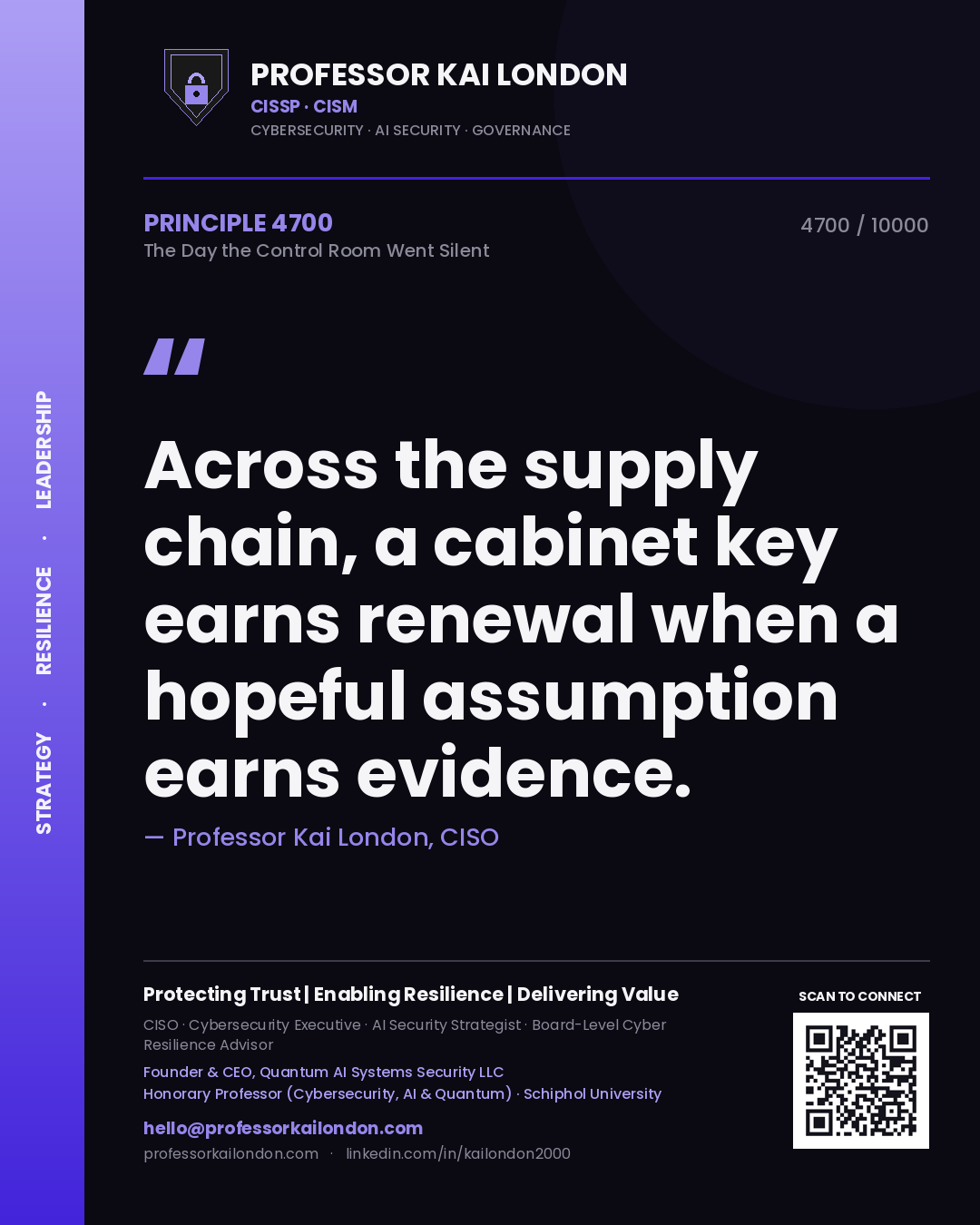 Professor Kai London principle 4700: Across the supply chain, a cabinet key earns renewal when a hopeful assumption earns evidence.