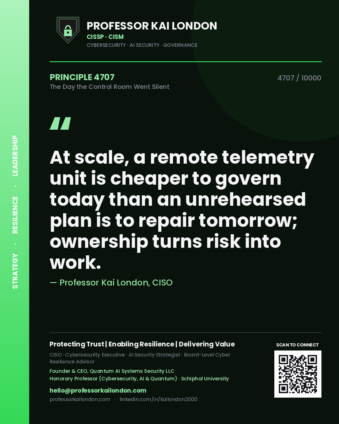 Professor Kai London principle 4707: At scale, a remote telemetry unit is cheaper to govern today than an unrehearsed plan is to repair tomorrow; ownership turns risk into work.