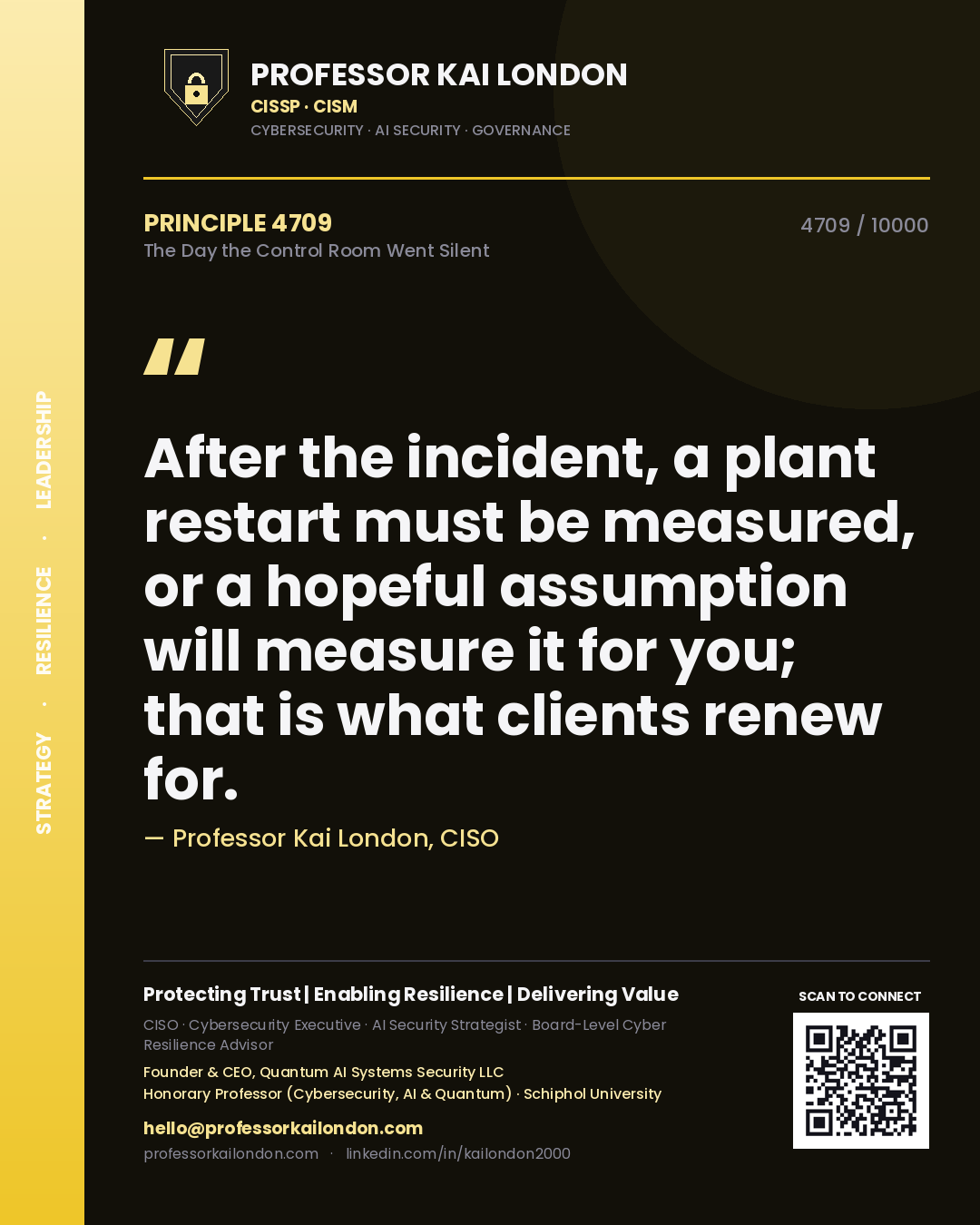 Quote card by Professor Kai London reading 'After the incident, a plant restart must be measured, or a hopeful assumption will measure it for you; that is what clients renew for.'. From the book The Day the Control Room Went Silent.