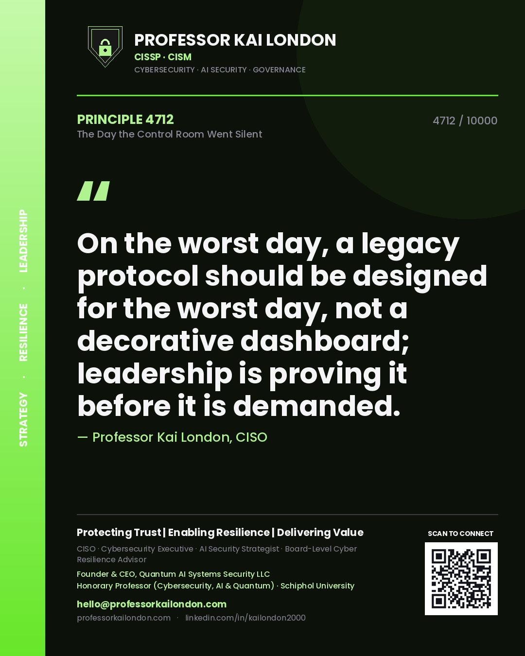 Quote card by Professor Kai London reading 'On the worst day, a legacy protocol should be designed for the worst day, not a decorative dashboard; leadership is proving it before it is demanded.'. From the book The Day the Control Room Went Silent.