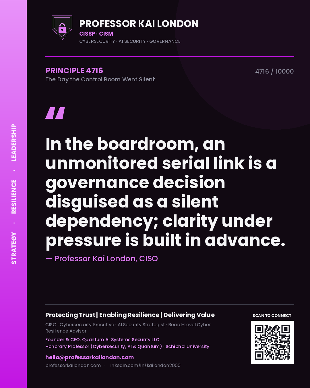 Professor Kai London principle 4716: In the boardroom, an unmonitored serial link is a governance decision disguised as a silent dependency; clarity under pressure is built in advance.