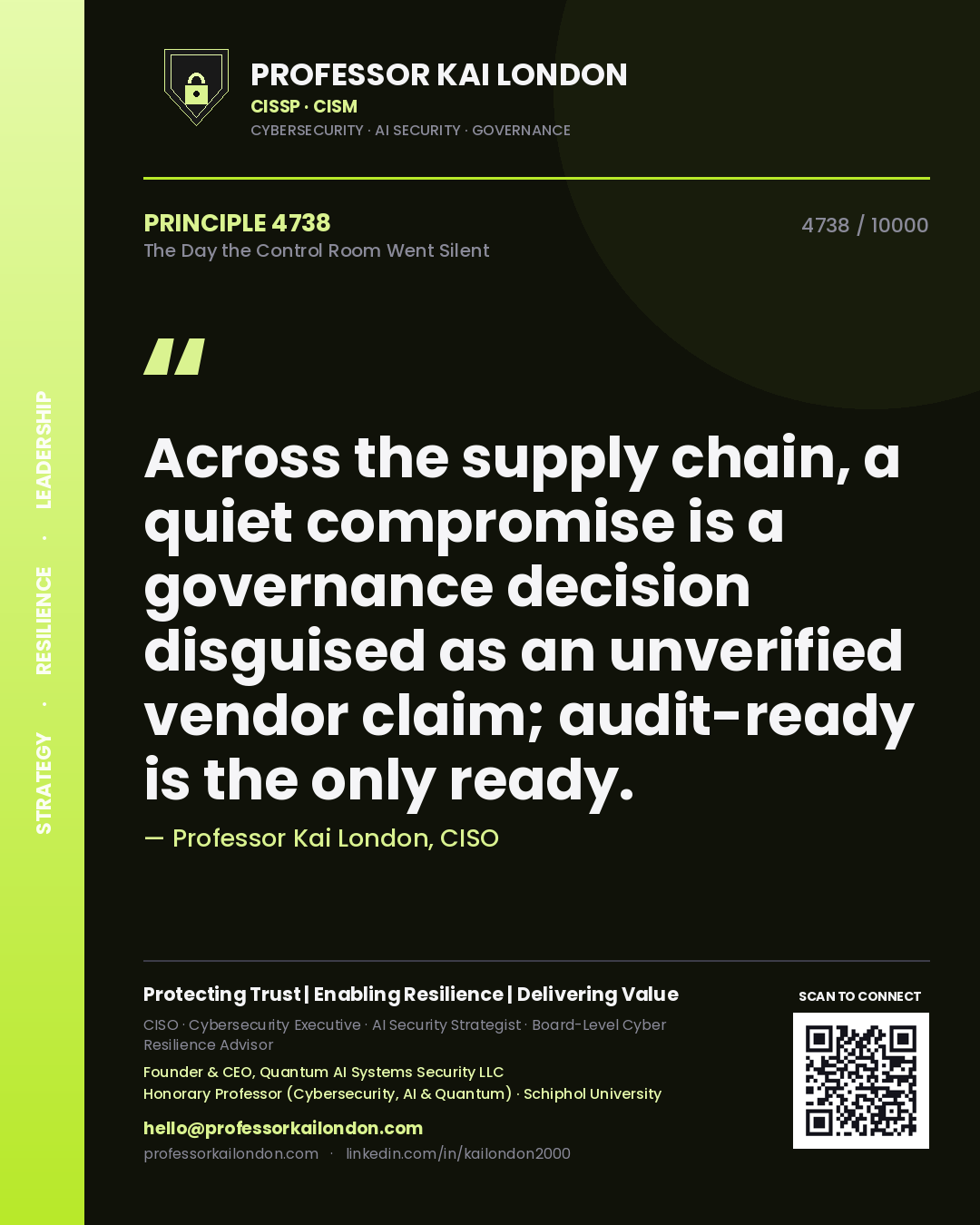 Professor Kai London principle 4738: Across the supply chain, a quiet compromise is a governance decision disguised as an unverified vendor claim; audit-ready is the only ready.