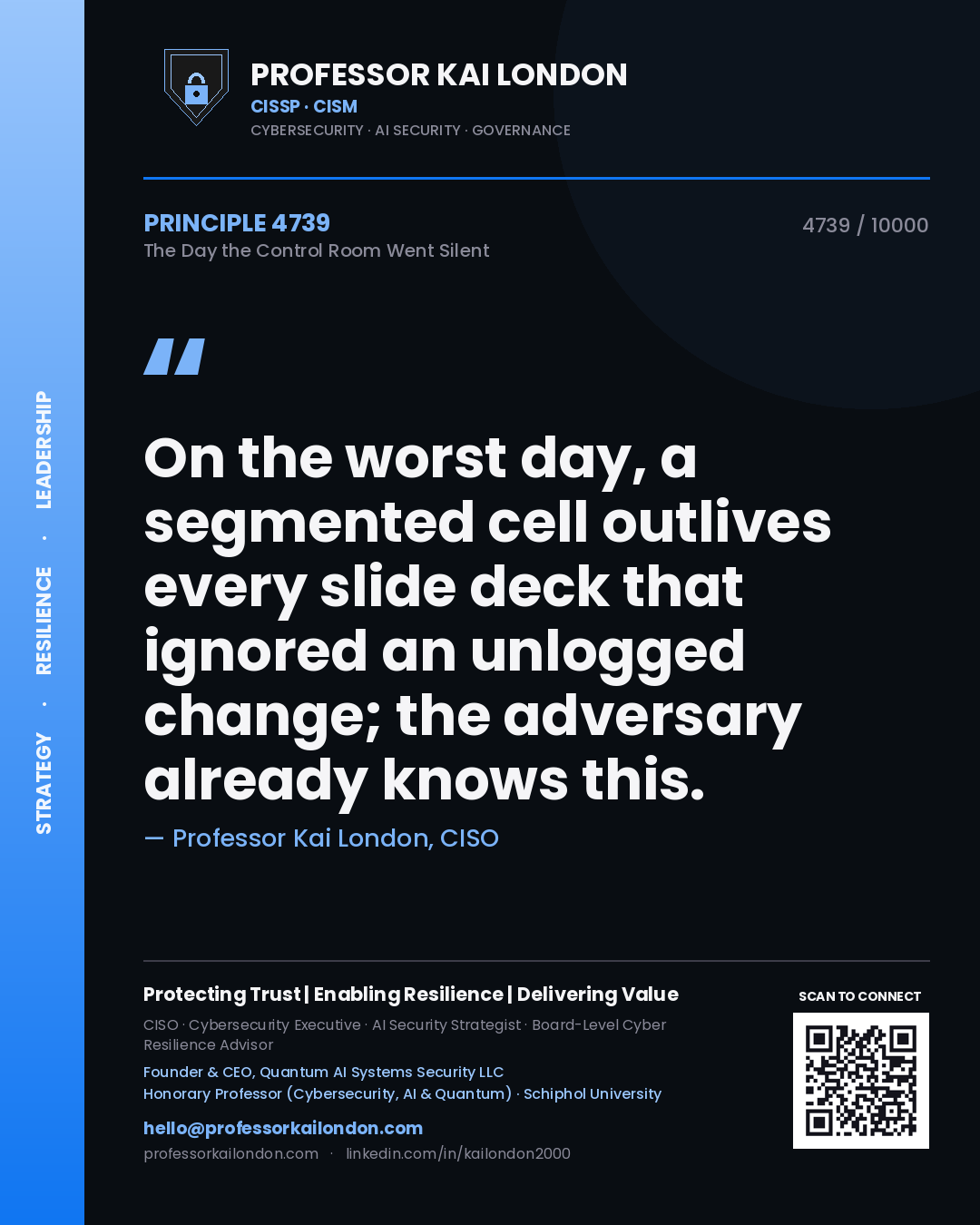 Professor Kai London principle 4739: On the worst day, a segmented cell outlives every slide deck that ignored an unlogged change; the adversary already knows this.