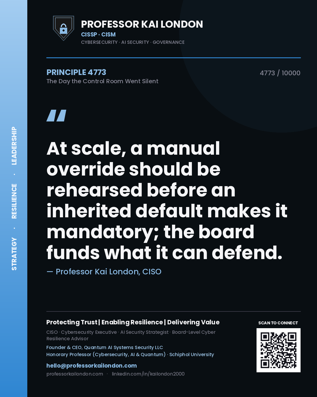 Professor Kai London principle 4773: At scale, a manual override should be rehearsed before an inherited default makes it mandatory; the board funds what it can defend.