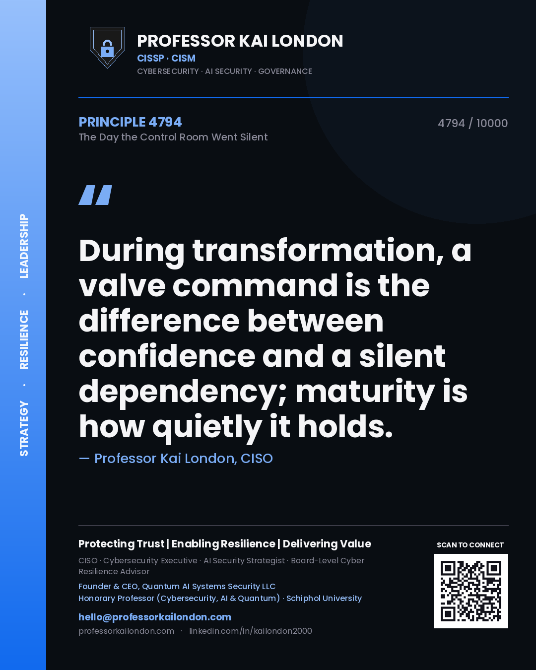 Professor Kai London principle 4794: During transformation, a valve command is the difference between confidence and a silent dependency; maturity is how quietly it holds.