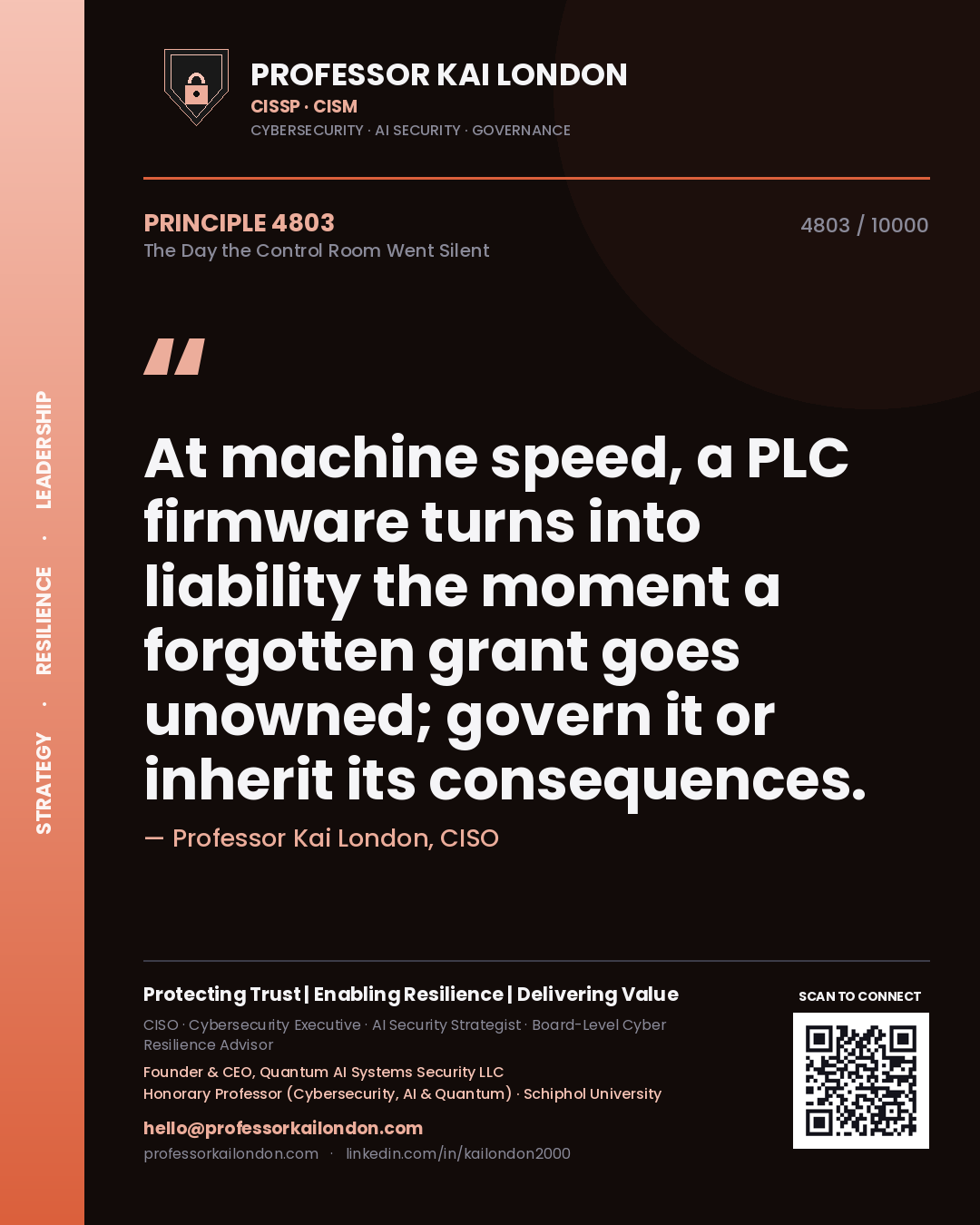 Quote card by Professor Kai London reading 'At machine speed, a PLC firmware turns into liability the moment a forgotten grant goes unowned; govern it or inherit its consequences.'. From the book The Day the Control Room Went Silent.