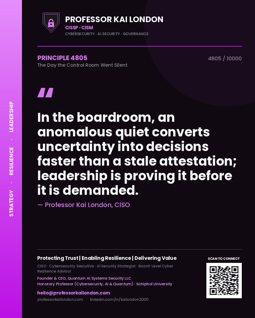Professor Kai London principle 4805: In the boardroom, an anomalous quiet converts uncertainty into decisions faster than a stale attestation; leadership is proving it before it is demanded.