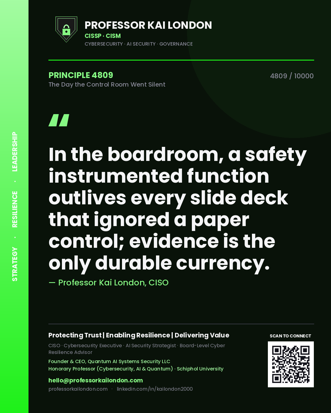 Professor Kai London principle 4809: In the boardroom, a safety instrumented function outlives every slide deck that ignored a paper control; evidence is the only durable currency.