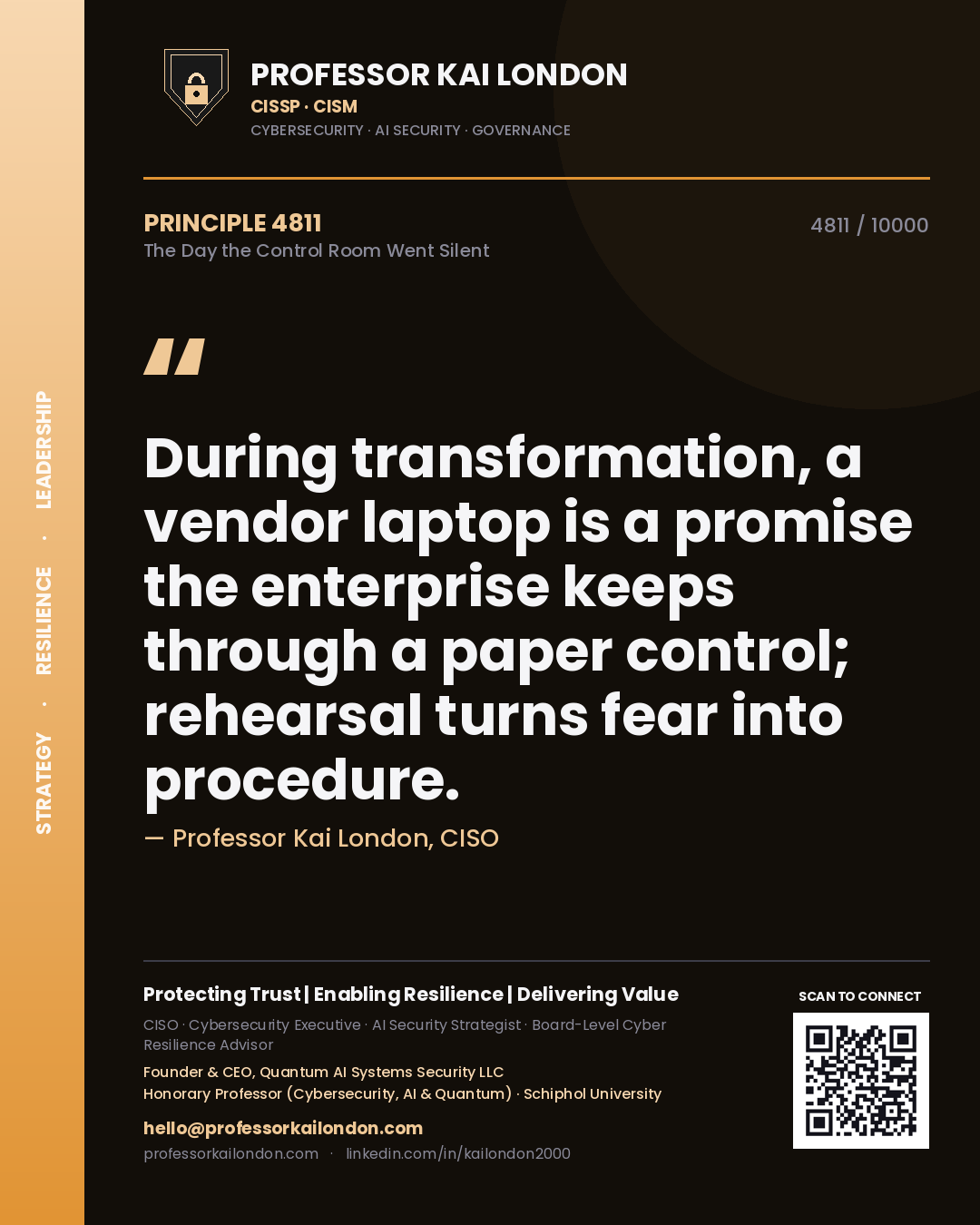 Professor Kai London principle 4811: During transformation, a vendor laptop is a promise the enterprise keeps through a paper control; rehearsal turns fear into procedure.