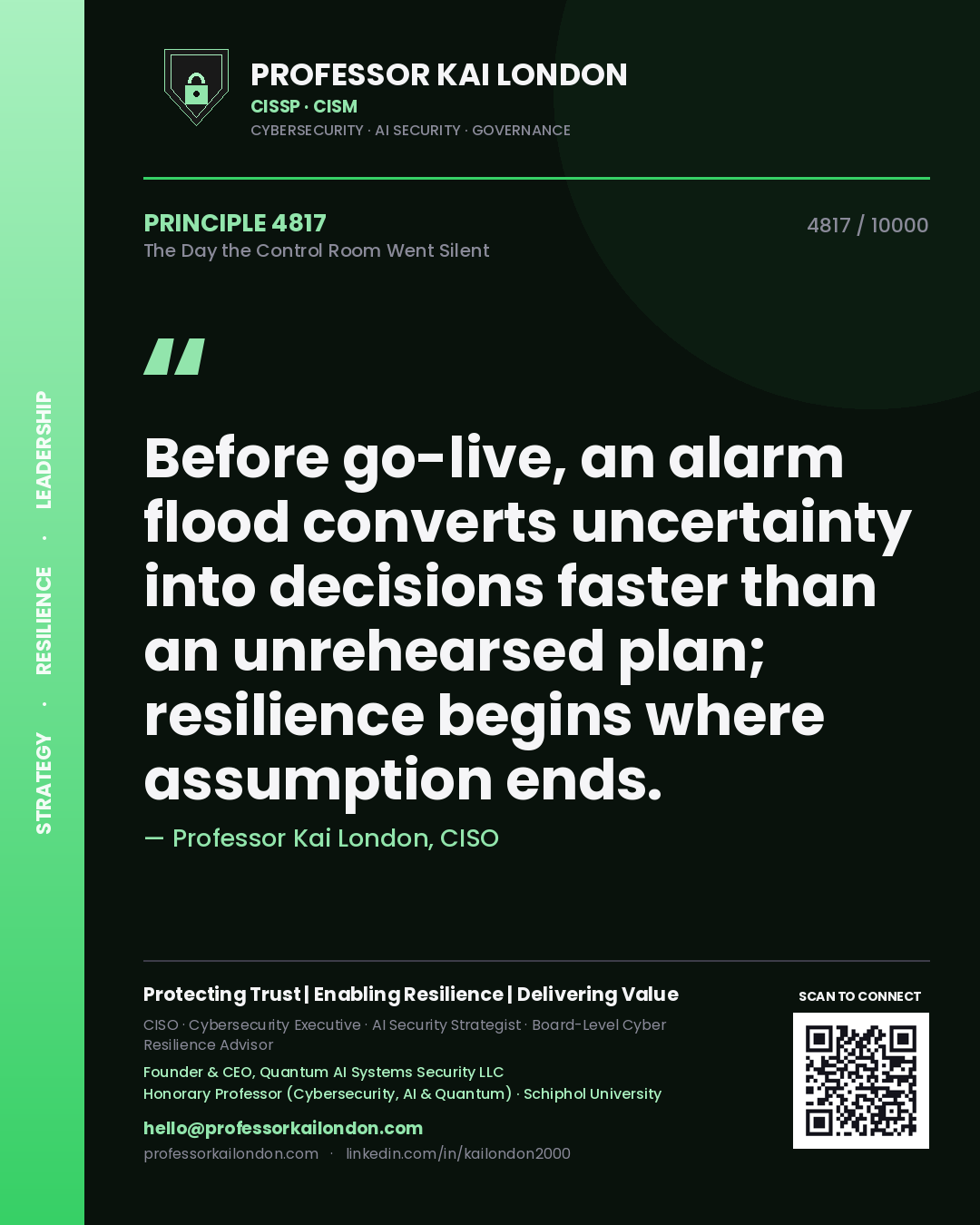 Professor Kai London principle 4817: Before go-live, an alarm flood converts uncertainty into decisions faster than an unrehearsed plan; resilience begins where assumption ends.