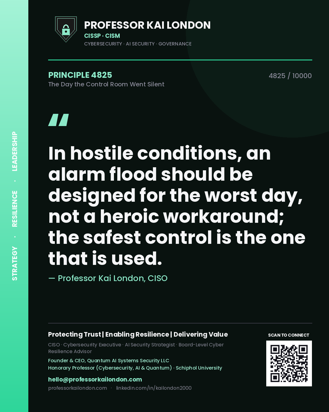Quote card by Professor Kai London reading 'In hostile conditions, an alarm flood should be designed for the worst day, not a heroic workaround; the safest control is the one that is used.'. From the book The Day the Control Room Went Silent.