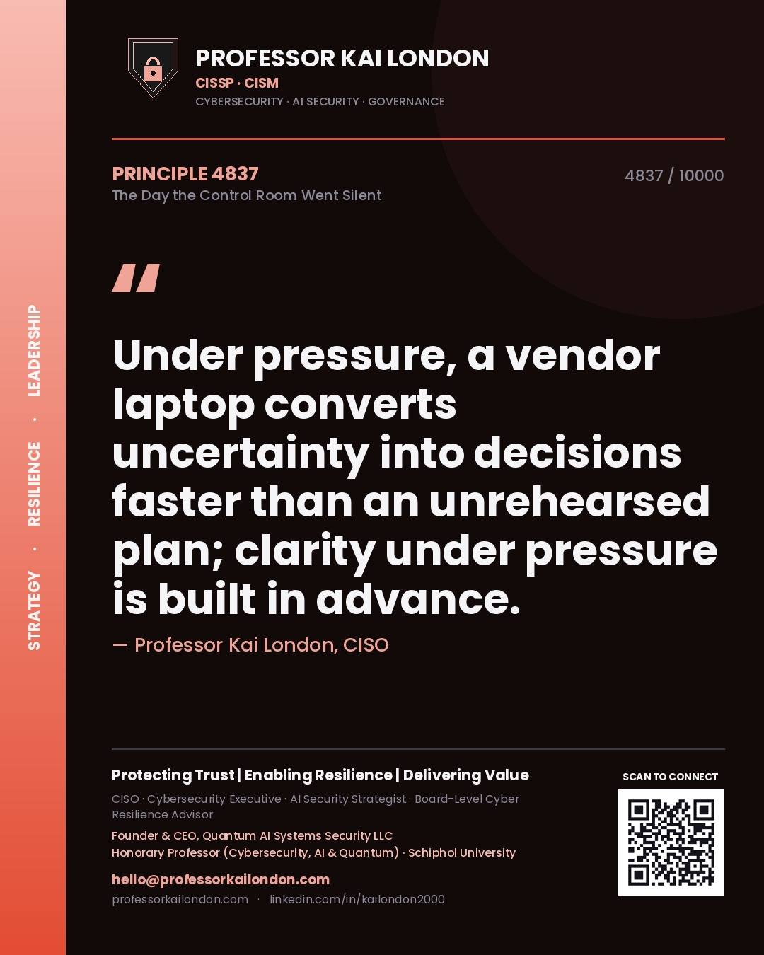 Quote card by Professor Kai London reading 'Under pressure, a vendor laptop converts uncertainty into decisions faster than an unrehearsed plan; clarity under pressure is built in advance.'. From the book The Day the Control Room Went Silent.
