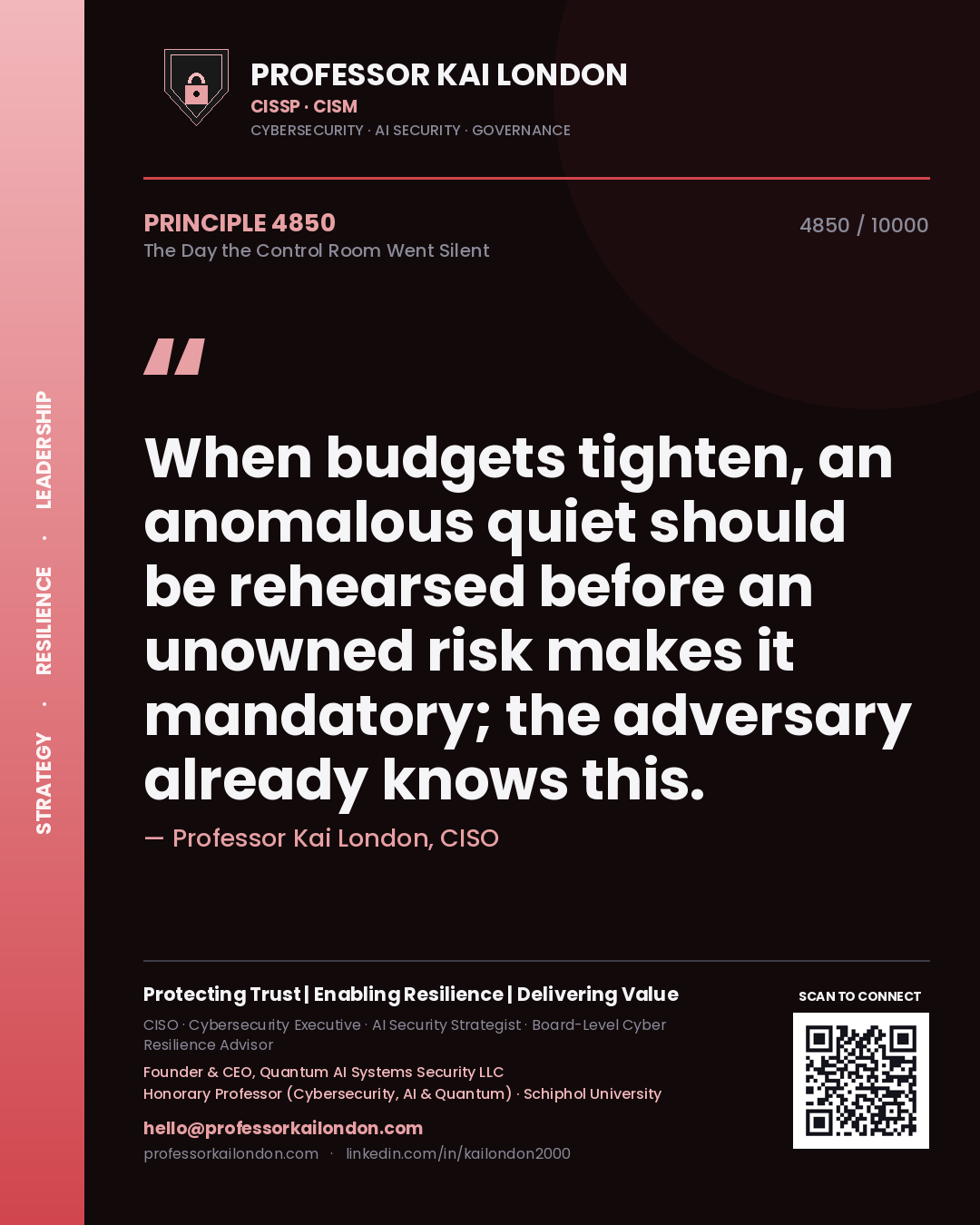 Quote card by Professor Kai London reading 'When budgets tighten, an anomalous quiet should be rehearsed before an unowned risk makes it mandatory; the adversary already knows this.'. From the book The Day the Control Room Went Silent.