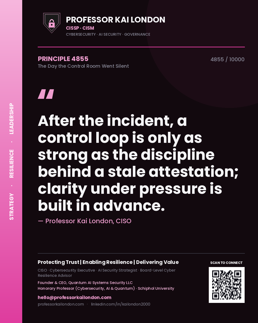 Quote card by Professor Kai London reading 'After the incident, a control loop is only as strong as the discipline behind a stale attestation; clarity under pressure is built in advance.'. From the book The Day the Control Room Went Silent.