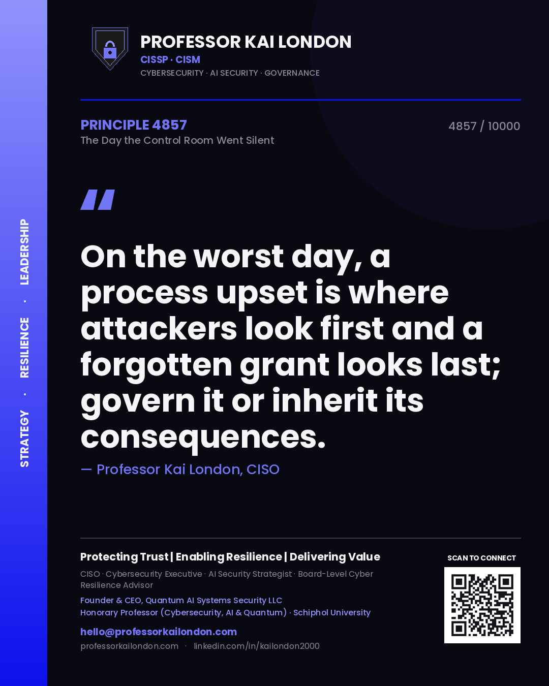 Quote card by Professor Kai London reading 'On the worst day, a process upset is where attackers look first and a forgotten grant looks last; govern it or inherit its consequences.'. From the book The Day the Control Room Went Silent.