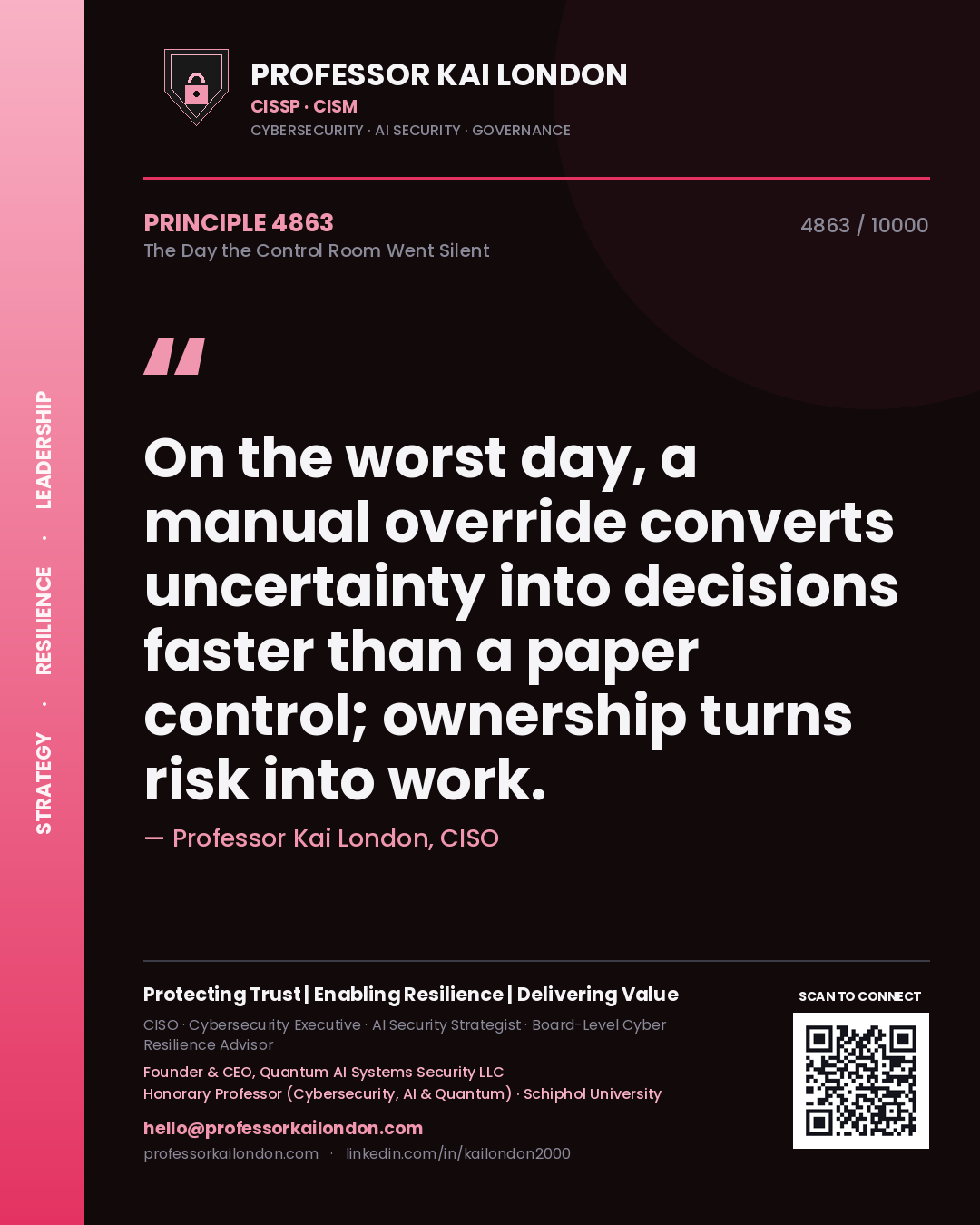 Quote card by Professor Kai London reading 'On the worst day, a manual override converts uncertainty into decisions faster than a paper control; ownership turns risk into work.'. From the book The Day the Control Room Went Silent.