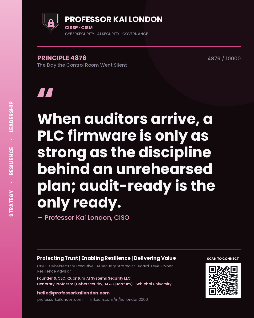 Quote card by Professor Kai London reading 'When auditors arrive, a PLC firmware is only as strong as the discipline behind an unrehearsed plan; audit-ready is the only ready.'. From the book The Day the Control Room Went Silent.