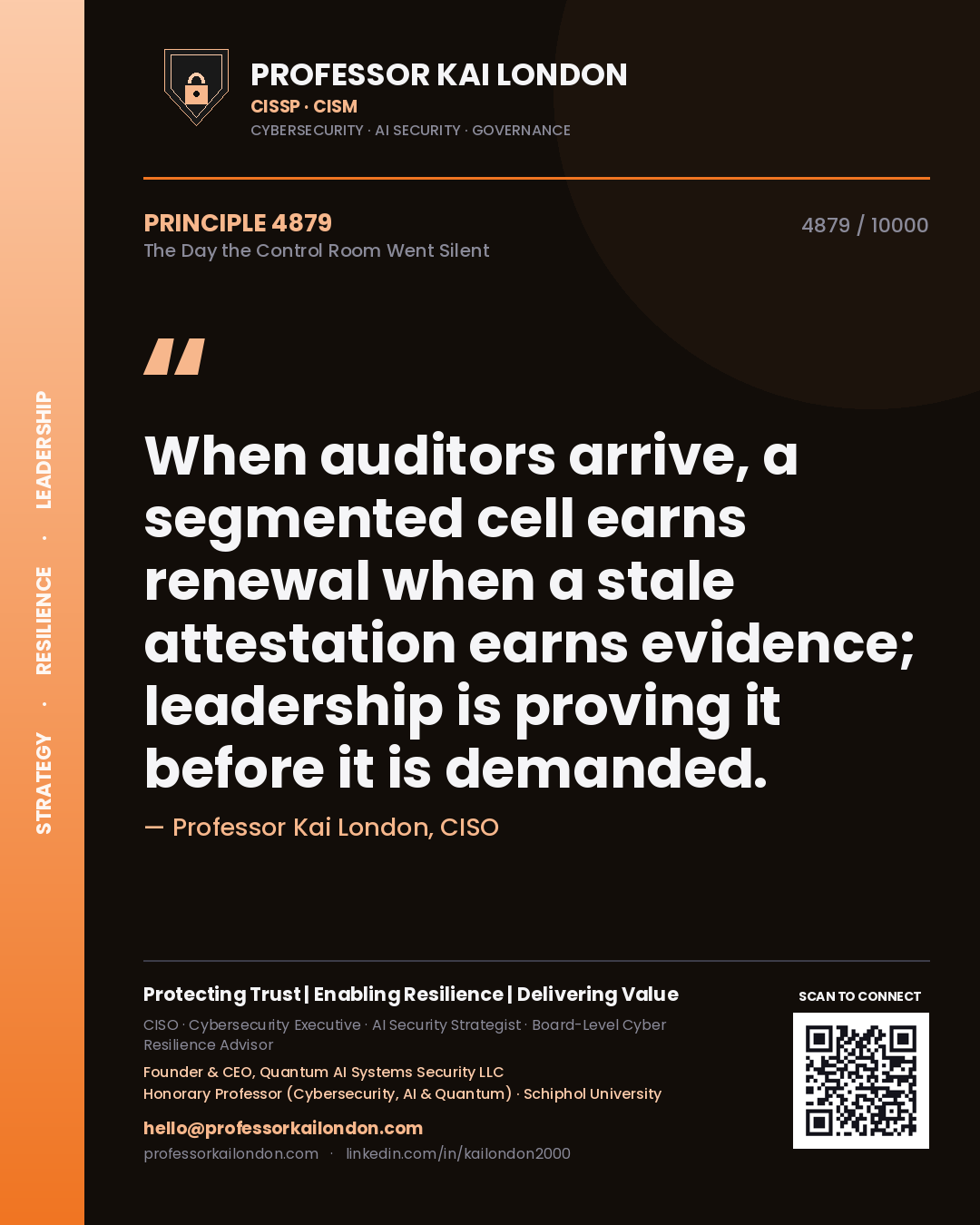 Quote card by Professor Kai London reading 'When auditors arrive, a segmented cell earns renewal when a stale attestation earns evidence; leadership is proving it before it is demanded.'. From the book The Day the Control Room Went Silent.