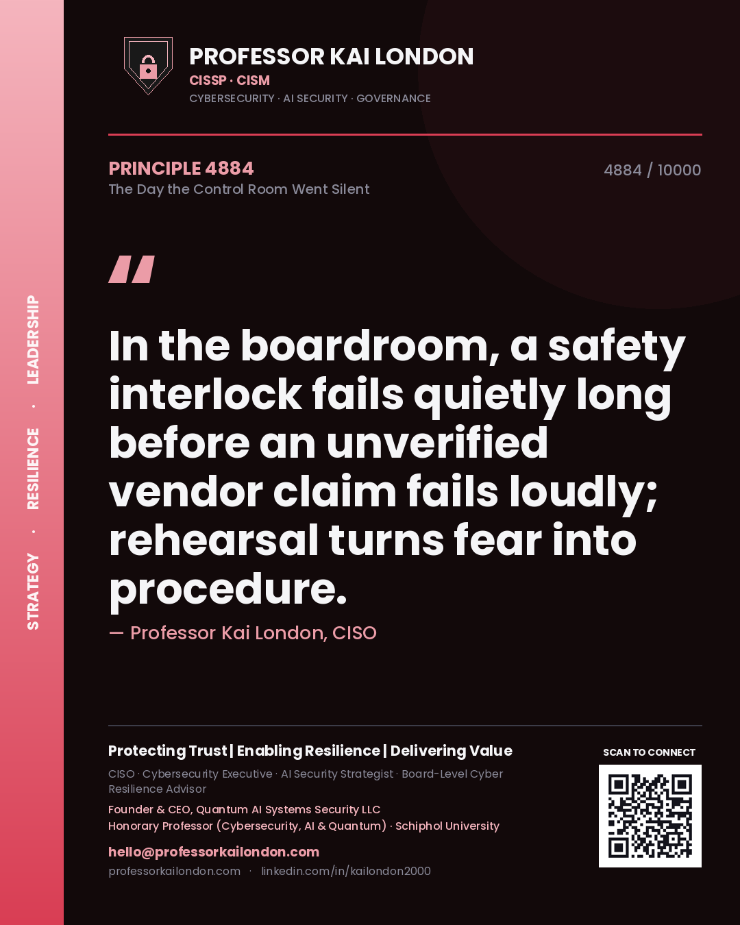Quote card by Professor Kai London reading 'In the boardroom, a safety interlock fails quietly long before an unverified vendor claim fails loudly; rehearsal turns fear into procedure.'. From the book The Day the Control Room Went Silent.