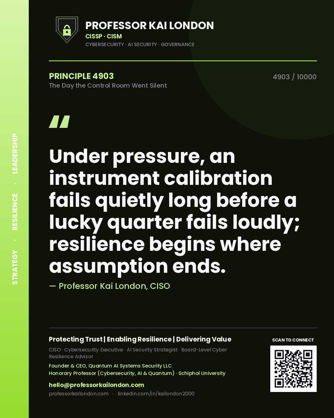 Quote card by Professor Kai London reading 'Under pressure, an instrument calibration fails quietly long before a lucky quarter fails loudly; resilience begins where assumption ends.'. From the book The Day the Control Room Went Silent.