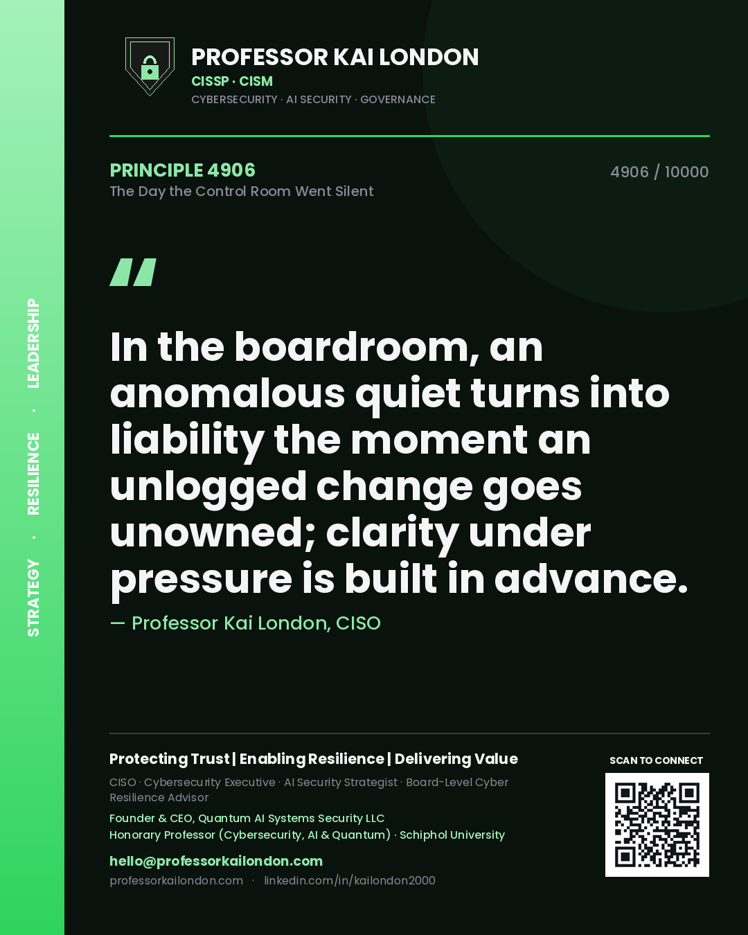 Quote card by Professor Kai London reading 'In the boardroom, an anomalous quiet turns into liability the moment an unlogged change goes unowned; clarity under pressure is built in advance.'. From the book The Day the Control Room Went Silent.