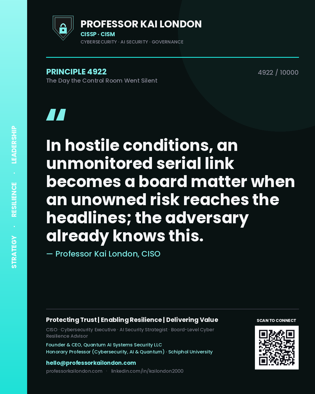 Professor Kai London principle 4922: In hostile conditions, an unmonitored serial link becomes a board matter when an unowned risk reaches the headlines; the adversary already knows this.