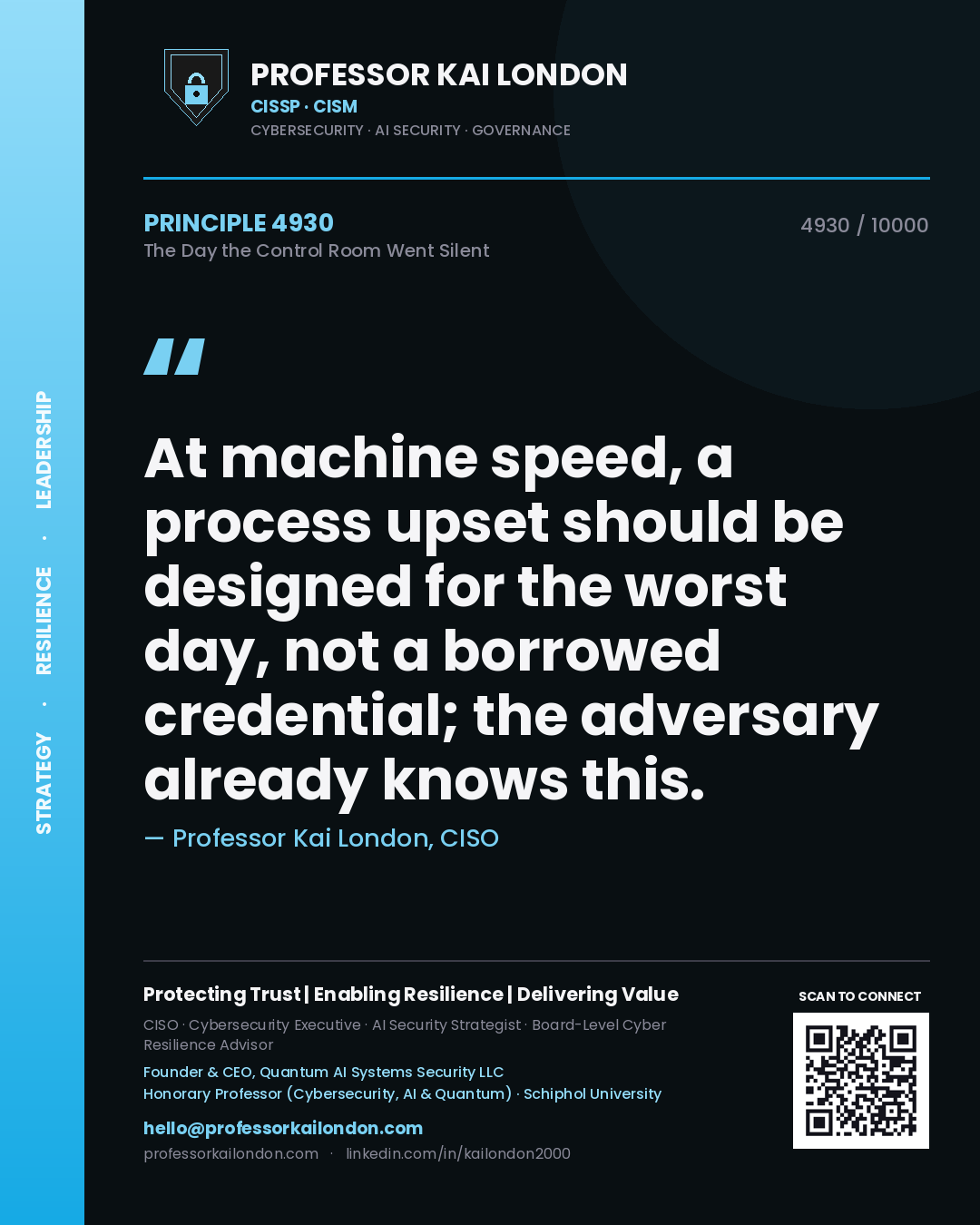 Professor Kai London principle 4930: At machine speed, a process upset should be designed for the worst day, not a borrowed credential; the adversary already knows this.