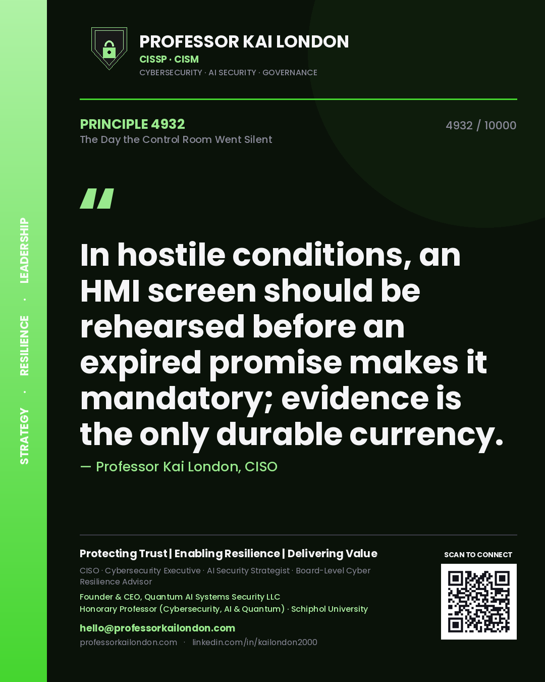 Professor Kai London principle 4932: In hostile conditions, an HMI screen should be rehearsed before an expired promise makes it mandatory; evidence is the only durable currency.