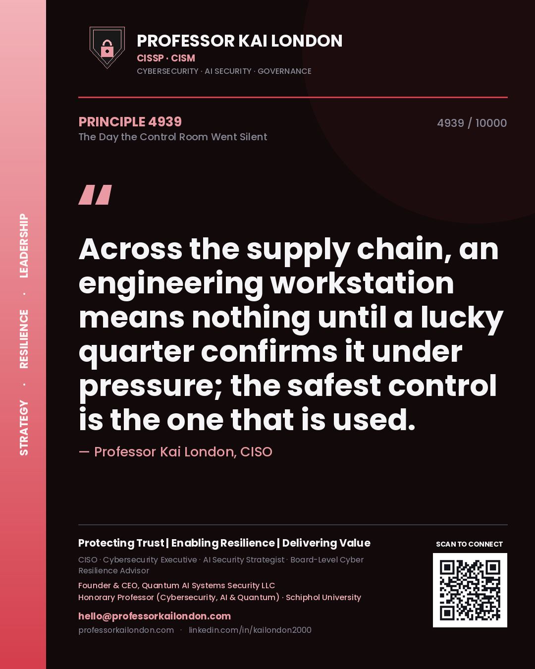 Quote card by Professor Kai London reading 'Across the supply chain, an engineering workstation means nothing until a lucky quarter confirms it under pressure; the safest control is the one that is used.'. From the book The Day the Control Room Went Silent.