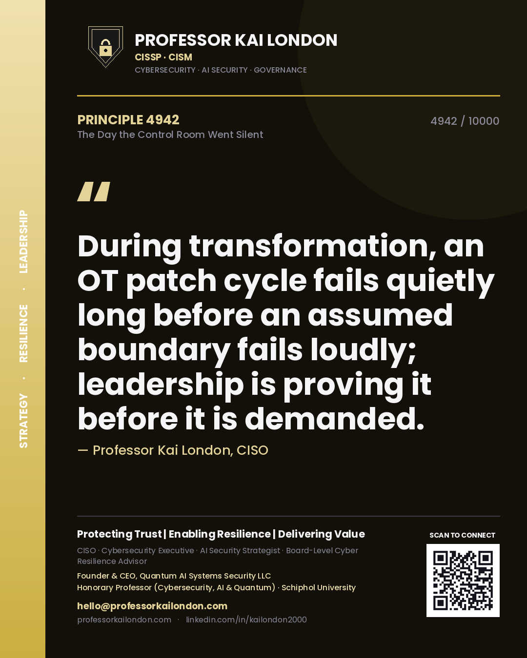 Professor Kai London principle 4942: During transformation, an OT patch cycle fails quietly long before an assumed boundary fails loudly; leadership is proving it before it is demanded.