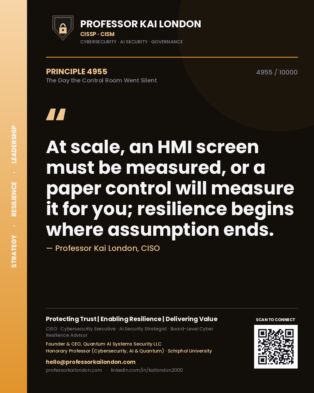 Quote card by Professor Kai London reading 'At scale, an HMI screen must be measured, or a paper control will measure it for you; resilience begins where assumption ends.'. From the book The Day the Control Room Went Silent.