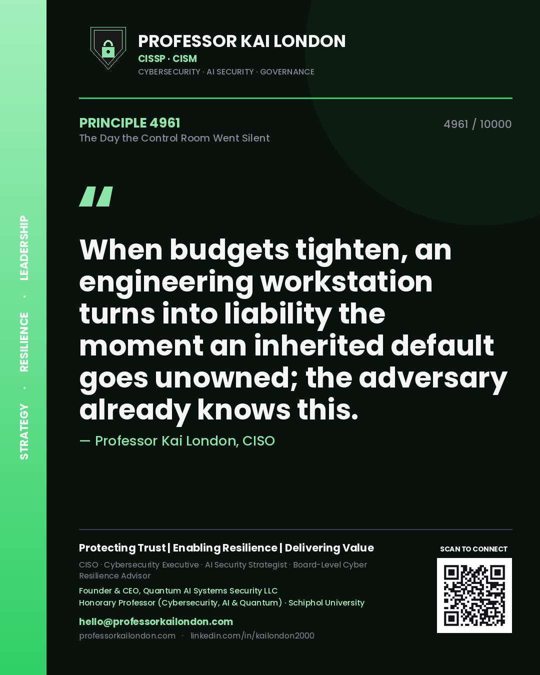 Professor Kai London principle 4961: When budgets tighten, an engineering workstation turns into liability the moment an inherited default goes unowned; the adversary already knows this.