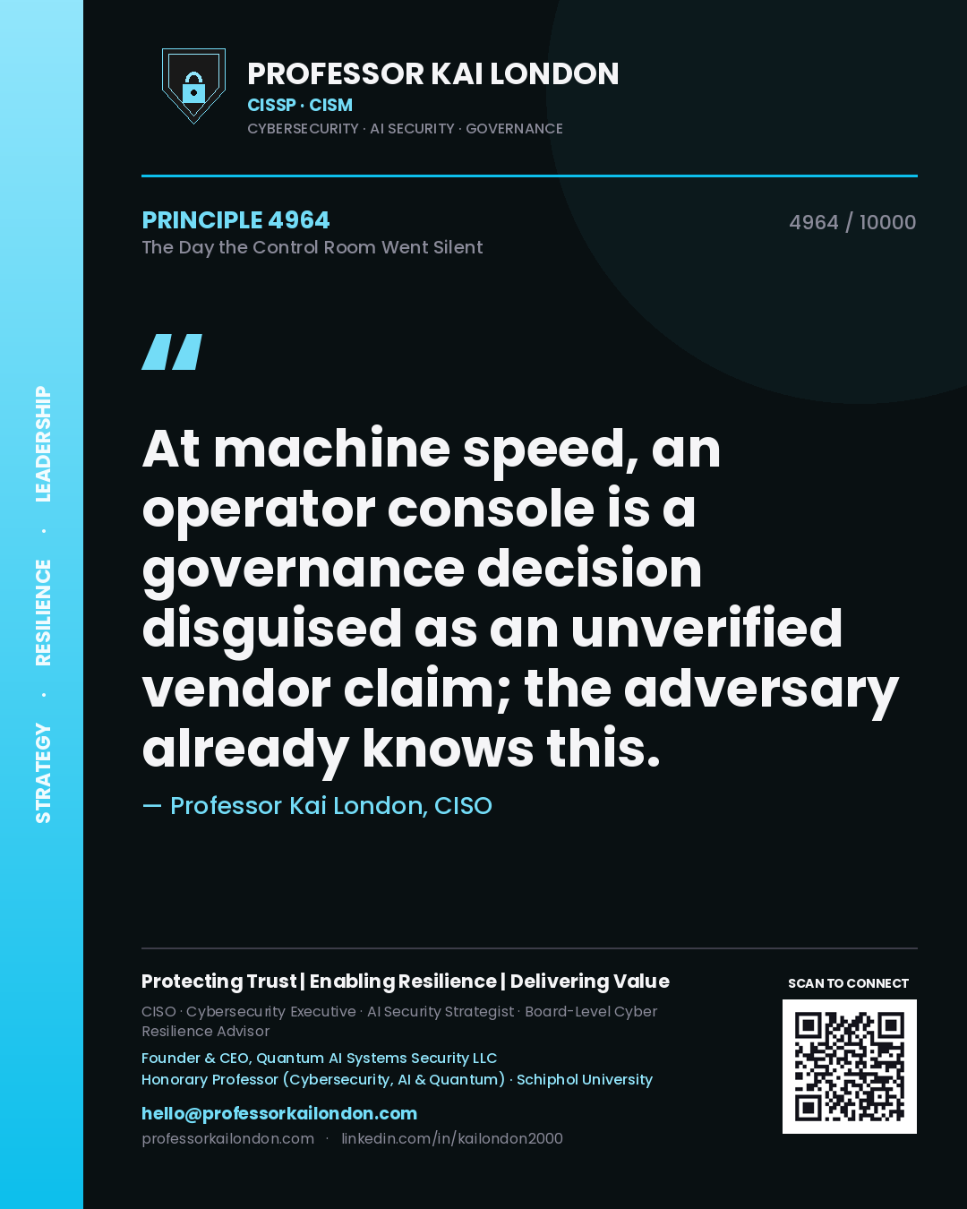 Quote card by Professor Kai London reading 'At machine speed, an operator console is a governance decision disguised as an unverified vendor claim; the adversary already knows this.'. From the book The Day the Control Room Went Silent.