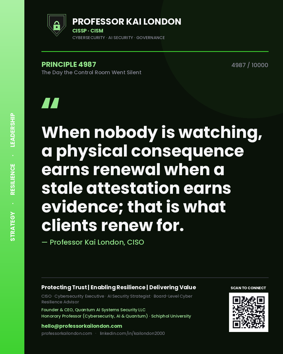 Professor Kai London principle 4987: When nobody is watching, a physical consequence earns renewal when a stale attestation earns evidence; that is what clients renew for.