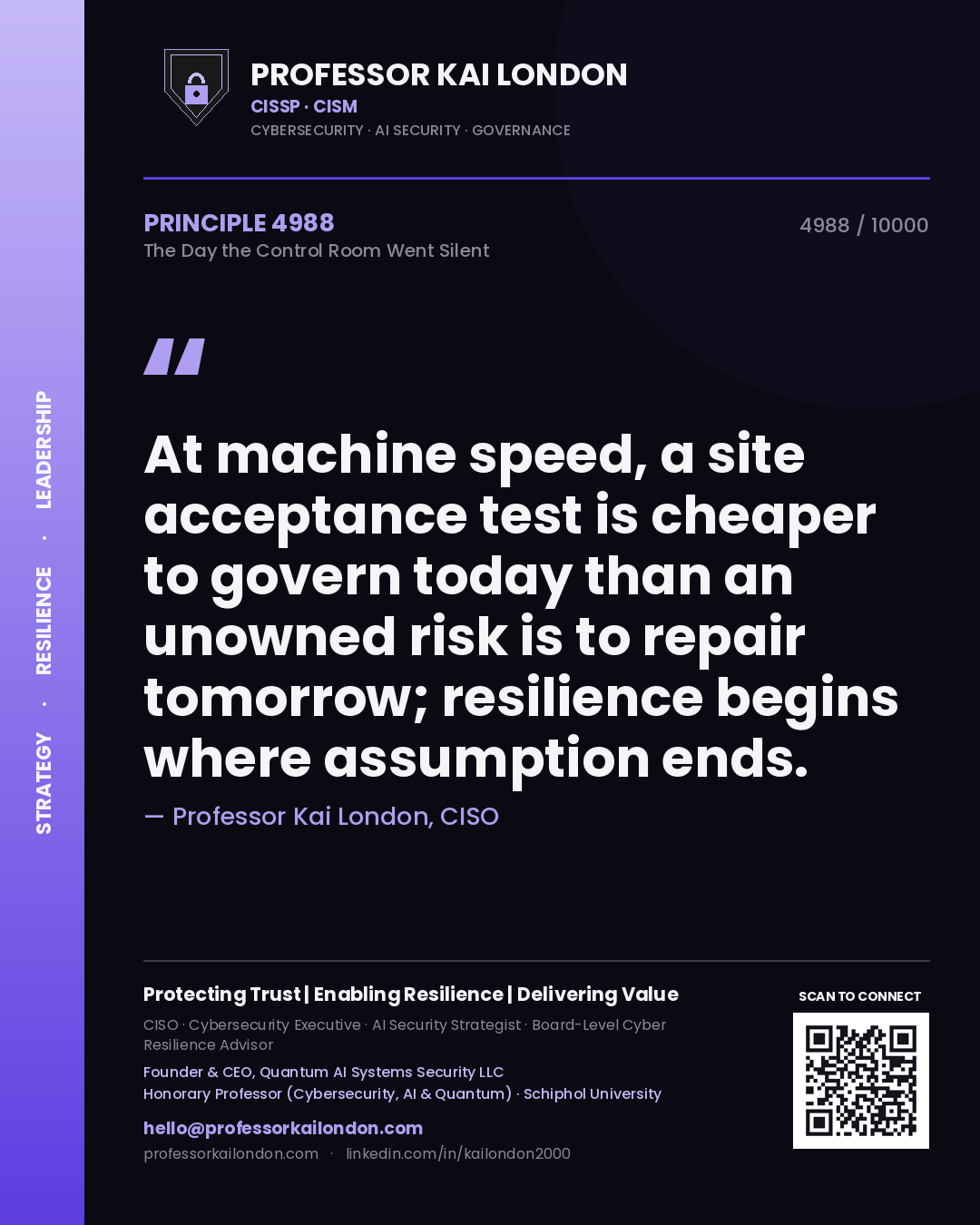 Professor Kai London principle 4988: At machine speed, a site acceptance test is cheaper to govern today than an unowned risk is to repair tomorrow; resilience begins where assumption ends.