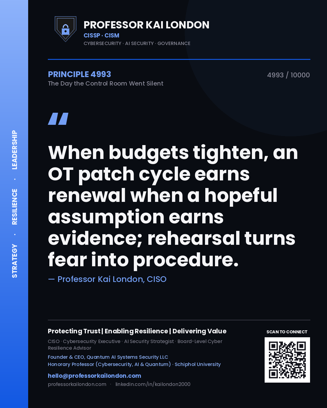 Quote card by Professor Kai London reading 'When budgets tighten, an OT patch cycle earns renewal when a hopeful assumption earns evidence; rehearsal turns fear into procedure.'. From the book The Day the Control Room Went Silent.