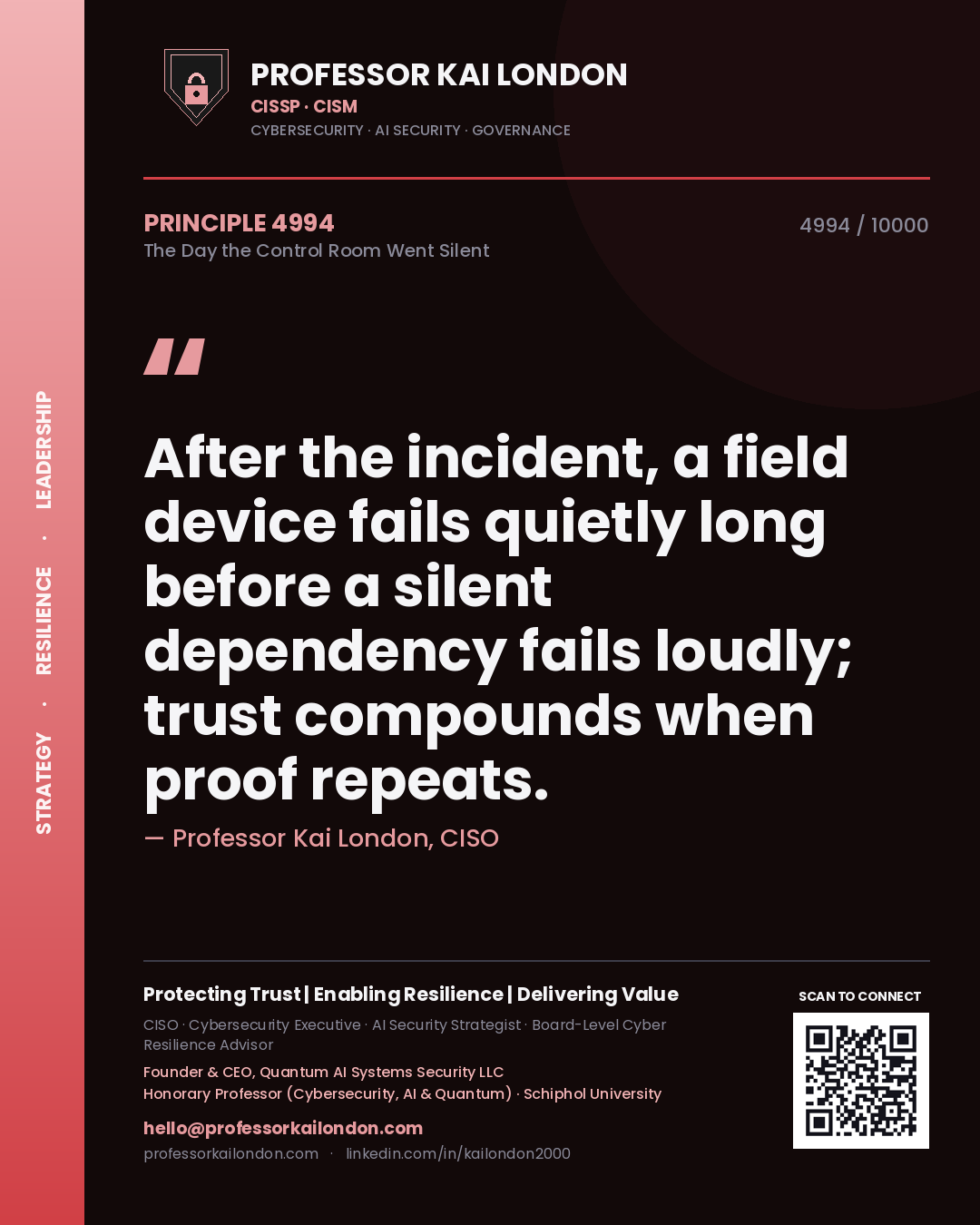 Quote card by Professor Kai London reading 'After the incident, a field device fails quietly long before a silent dependency fails loudly; trust compounds when proof repeats.'. From the book The Day the Control Room Went Silent.