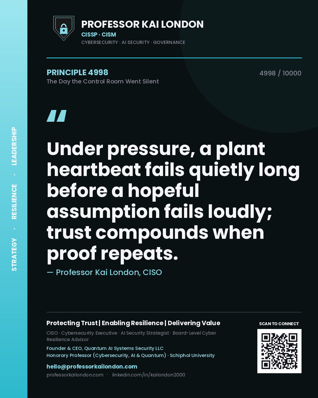 Quote card by Professor Kai London reading 'Under pressure, a plant heartbeat fails quietly long before a hopeful assumption fails loudly; trust compounds when proof repeats.'. From the book The Day the Control Room Went Silent.