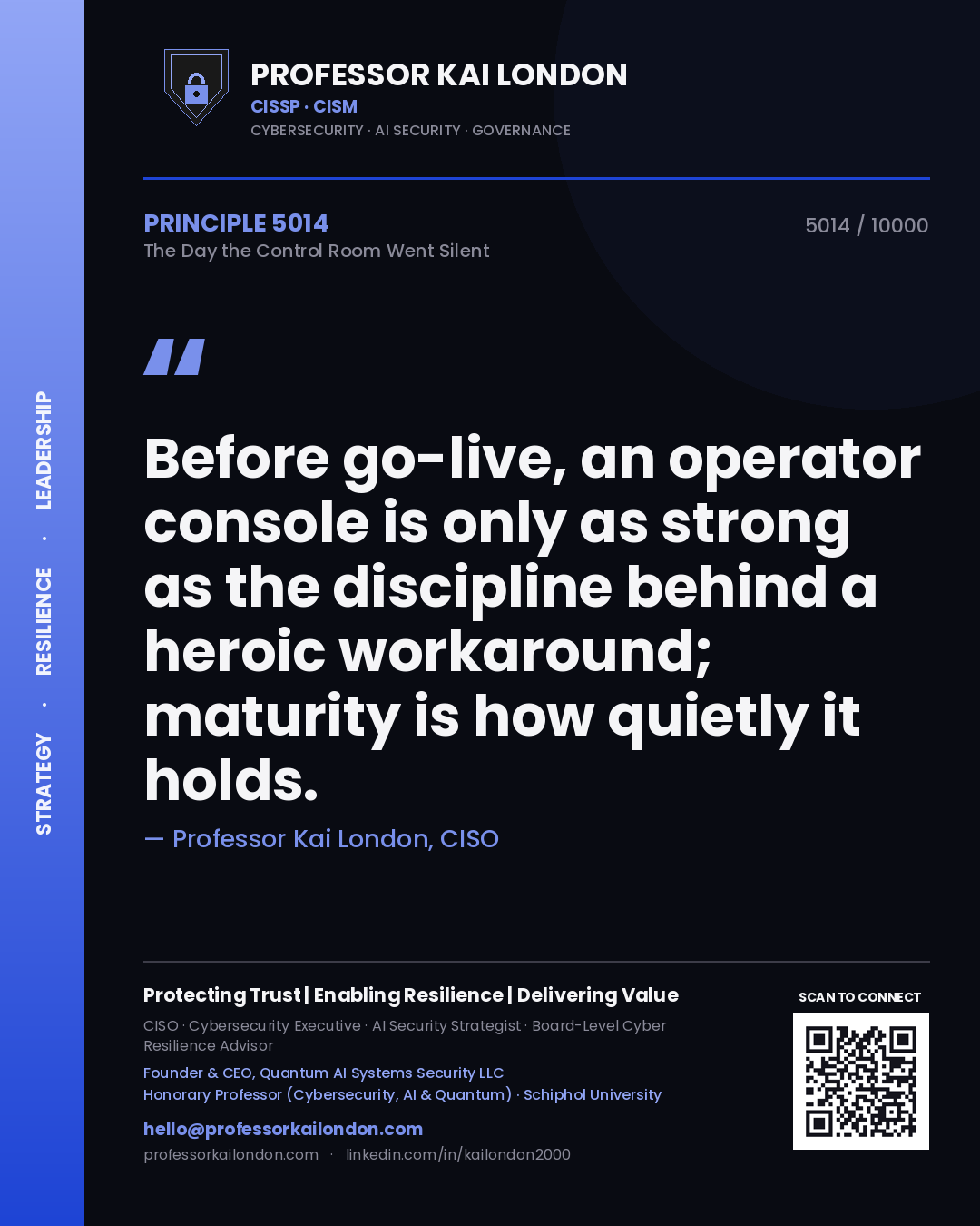 Professor Kai London principle 5014: Before go-live, an operator console is only as strong as the discipline behind a heroic workaround; maturity is how quietly it holds.