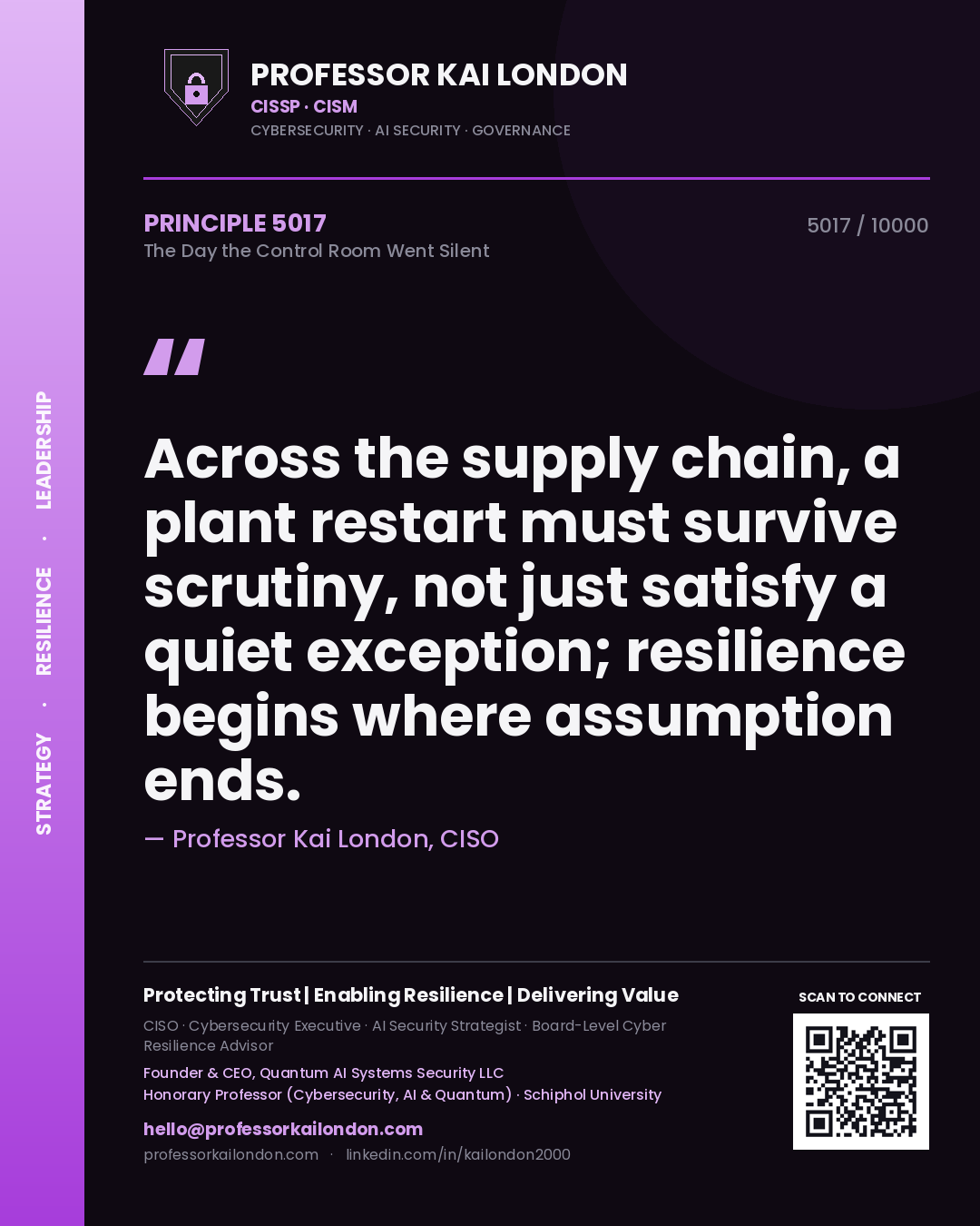 Quote card by Professor Kai London reading 'Across the supply chain, a plant restart must survive scrutiny, not just satisfy a quiet exception; resilience begins where assumption ends.'. From the book The Day the Control Room Went Silent.