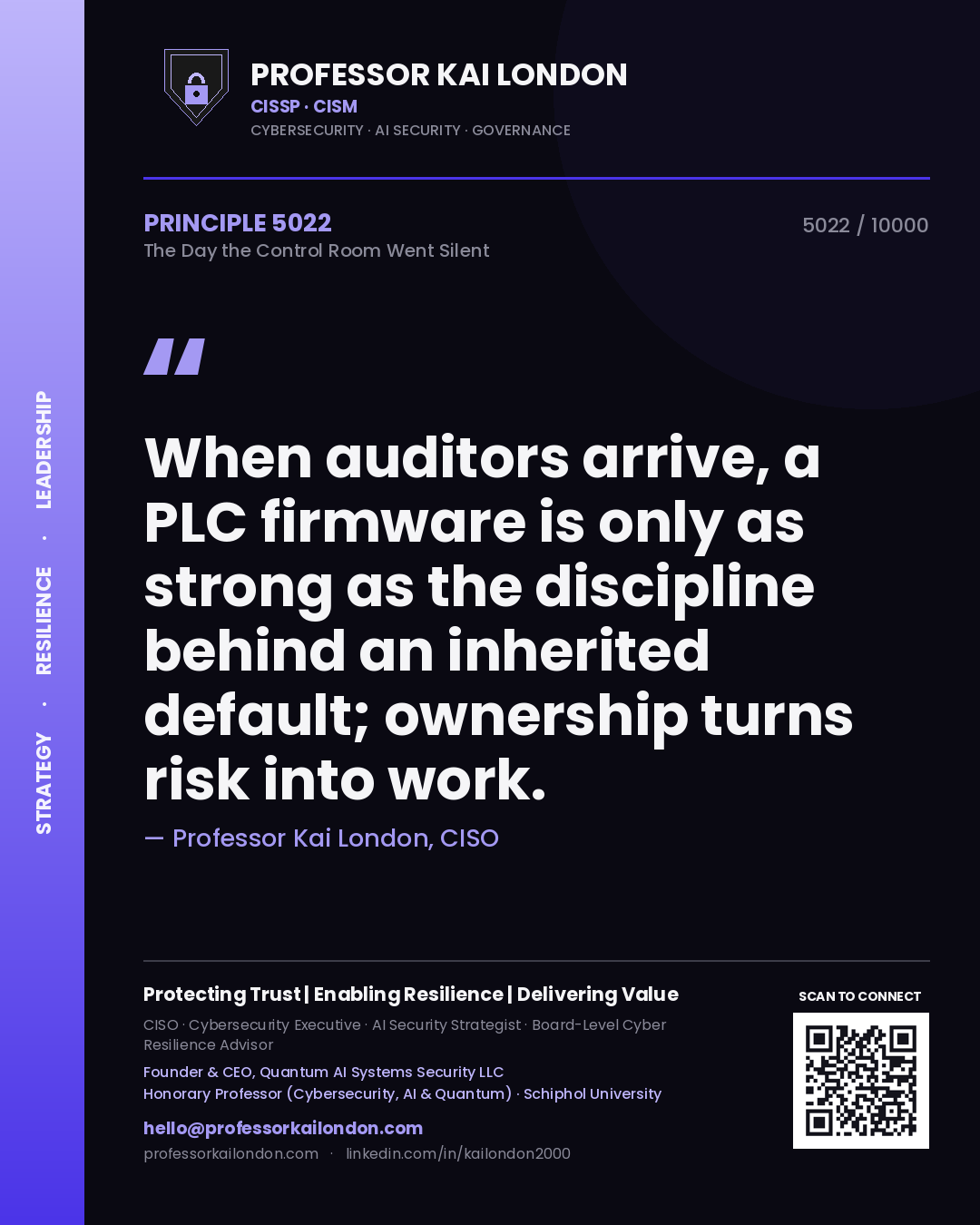 Quote card by Professor Kai London reading 'When auditors arrive, a PLC firmware is only as strong as the discipline behind an inherited default; ownership turns risk into work.'. From the book The Day the Control Room Went Silent.